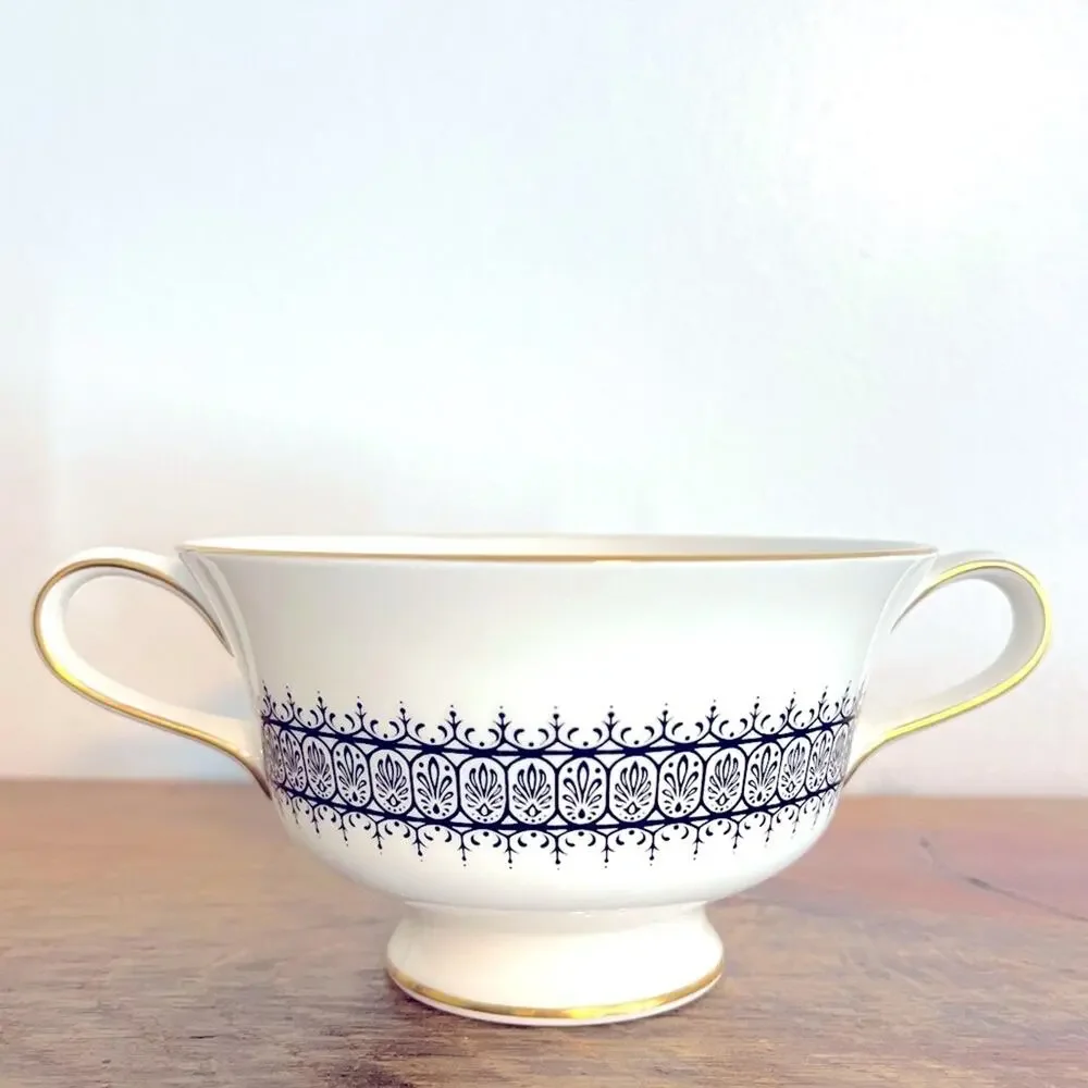 Wedgwood Astor Black On White Newer Footed Cream Soup Bowl Cup (Set of Four)